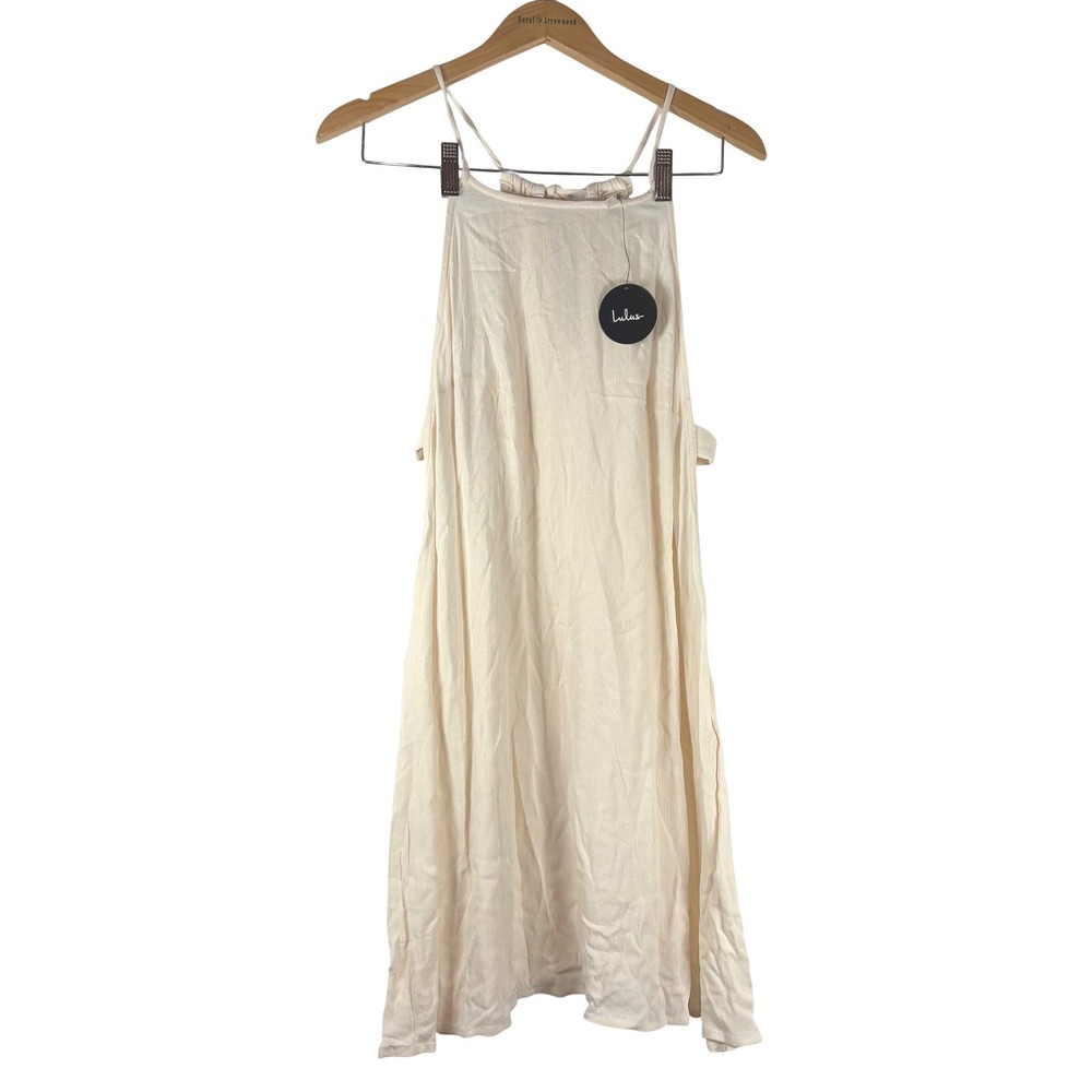 Lulus Cream High Neck Trapeze Mini Dress Side Cut Out Rayon ED15100TND Large NWT